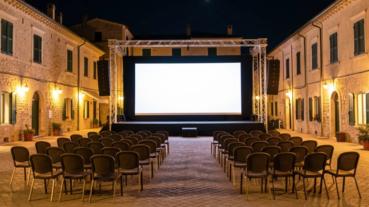 Outdoor cinema screen in a town square at night, with empty chairs and a festive atmosphere.