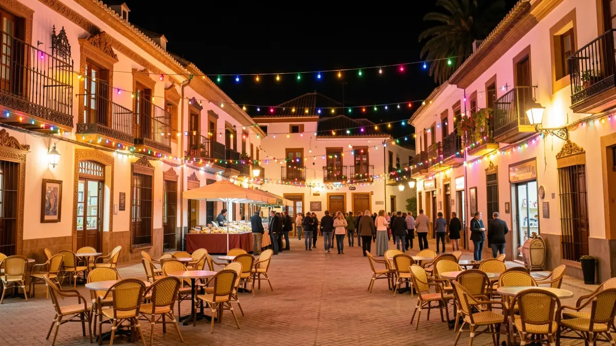 Night scene of an Andalusian town square during a festival, with colorful lights and ornate architecture.