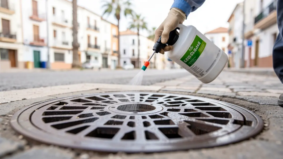 Imagen de operarios aplicando insecticida en una alcantarilla en Palos de la Frontera.