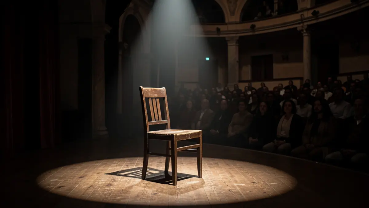 Stage of the Gran Teatro in Córdoba with a solitary chair under a spotlight, evoking dramatic tension.