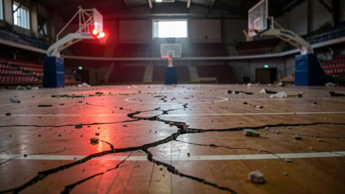 Pista de baloncesto dañada por un terremoto.