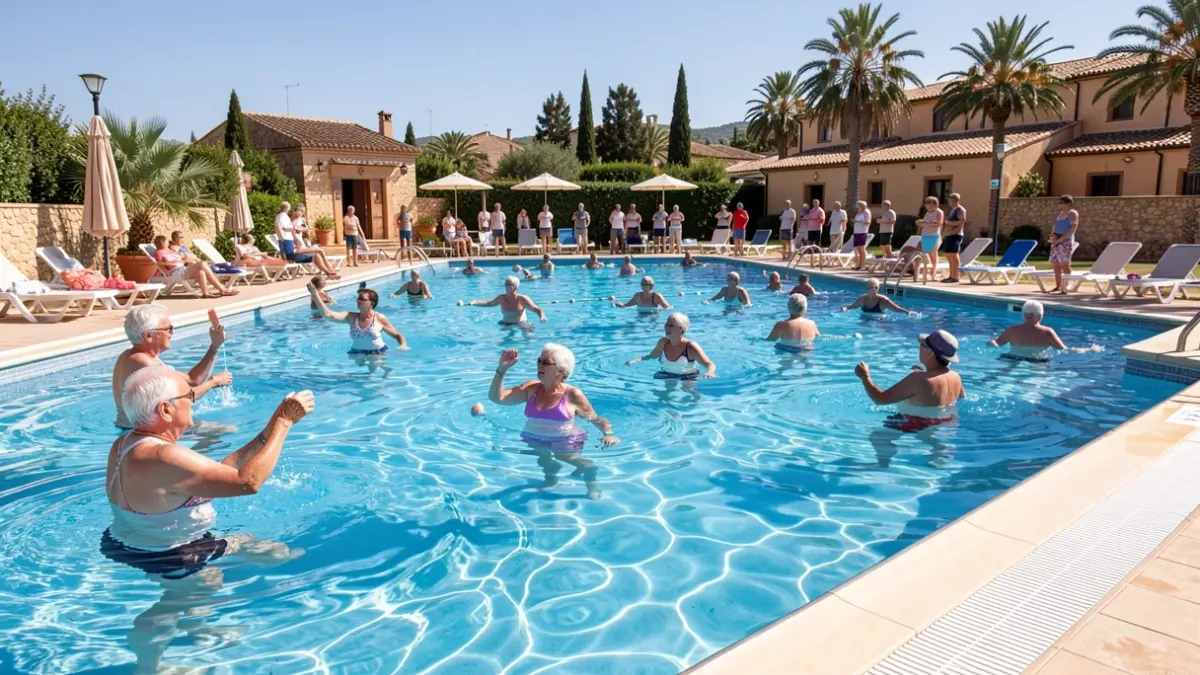 Elderly people participating in aquatic activities at a municipal swimming pool.