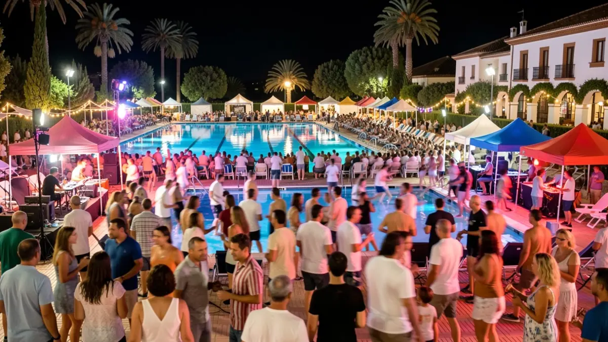 Imagen genérica de una caseta joven en una feria de verano andaluza, con luces de colores y ambiente festivo.