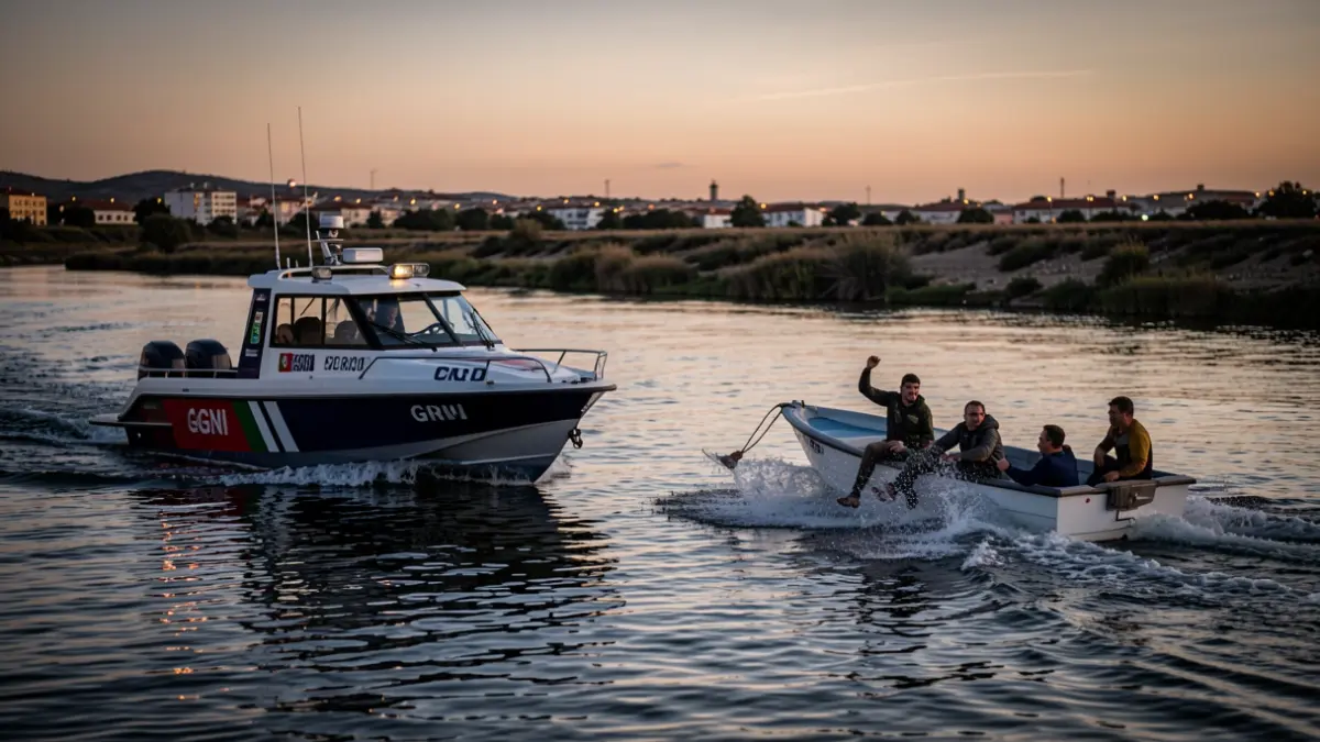 Image of a river pursuit between a Portuguese GNR boat and a recreational launch on the Guadiana River near Ayamonte, with the launch's occupants fleeing.