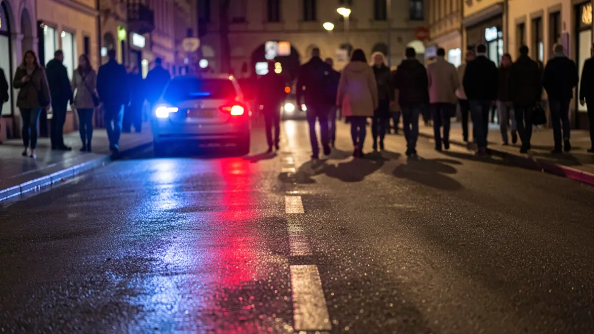Imagen genérica de luces de emergencia policiales reflejando en asfalto mojado por la noche.