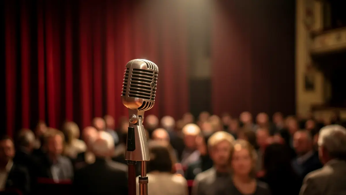 Vintage microphone on a theatre stage with red velvet curtains.