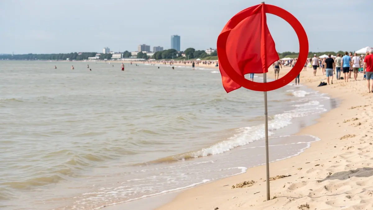 Imagen de una playa cerrada al baño con bandera roja ondeando.