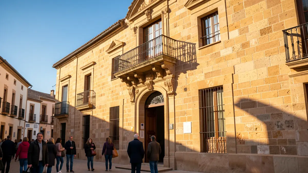 Fachada de piedra de un ayuntamiento andaluz con balcón y barandillas de hierro, luz de sol de la tarde proyectando sombras.