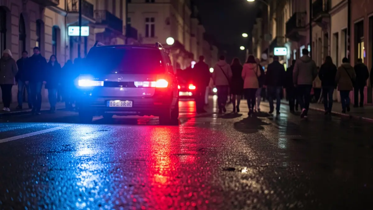 Generic image of police emergency lights reflecting on wet asphalt at night.