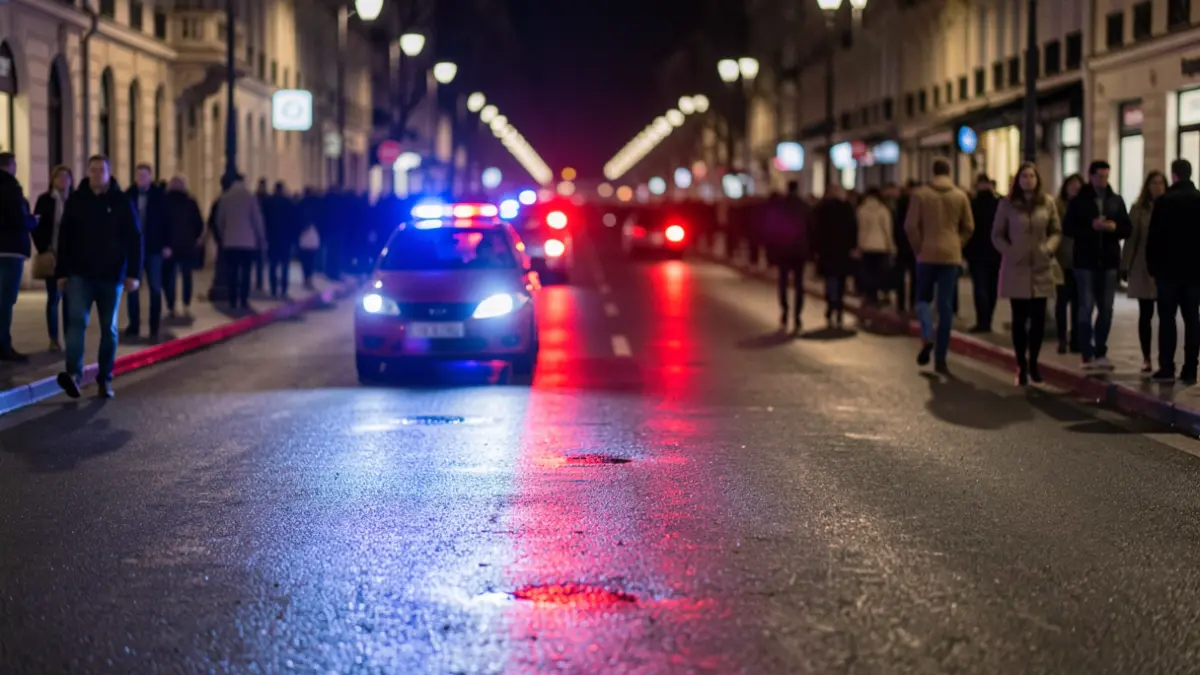Imagen genérica de luces de emergencia policiales reflejándose en el asfalto mojado por la noche.