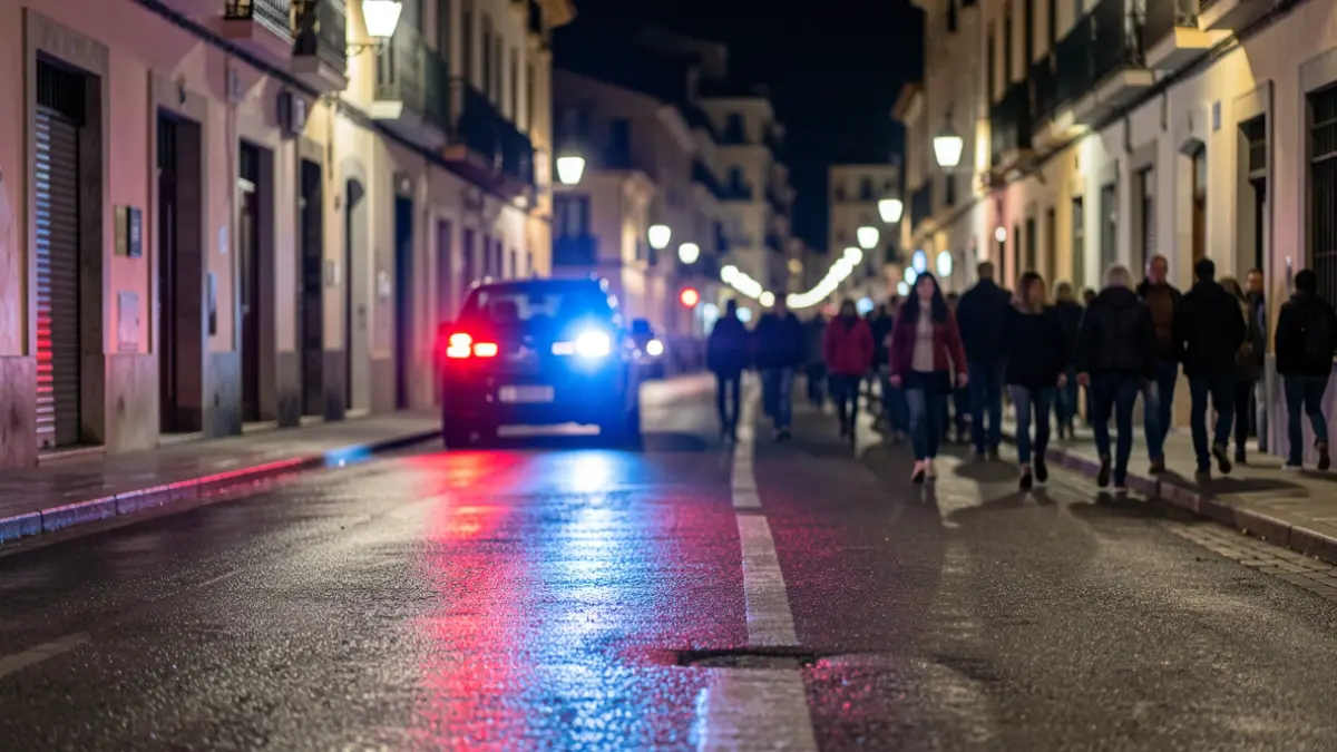 Imagen genérica de luces de emergencia policiales reflejando en el asfalto mojado por la noche.
