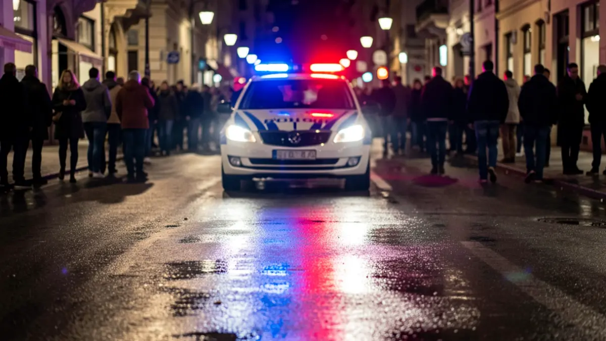 Imagen genérica de luces de emergencia policiales reflejándose en asfalto mojado.