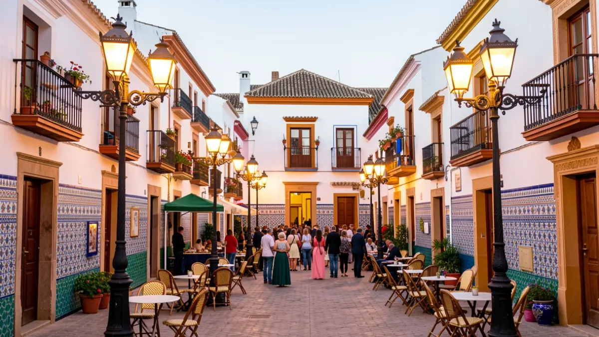 Plaza de un pueblo andaluz durante una fiesta, con farolas, sillas y luz cálida.