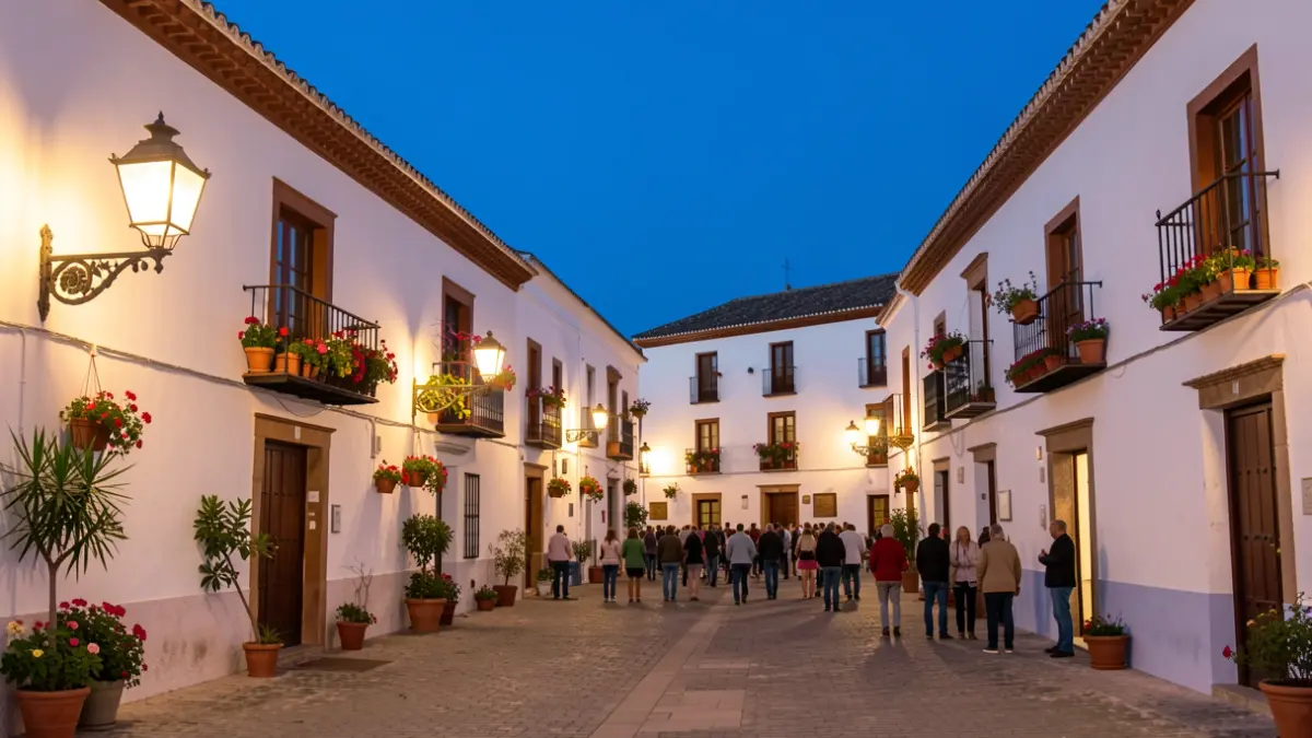 Plaza de pueblo andaluz al atardecer con edificios blancos y farolas.