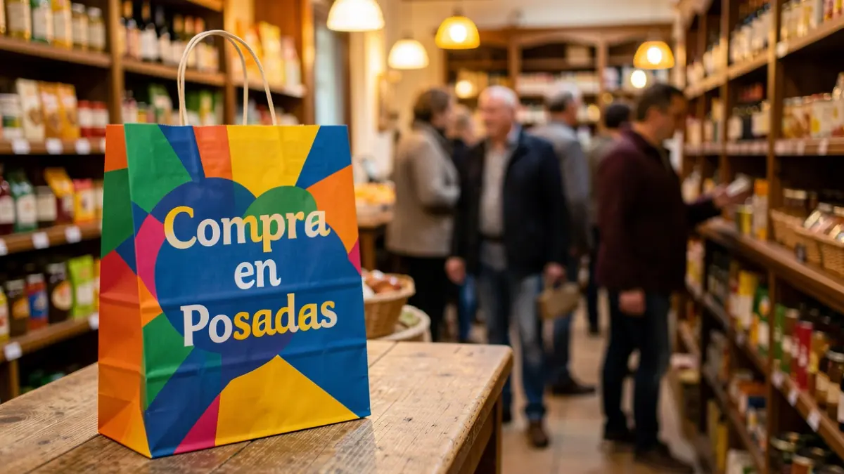 Shopping bag with the text 'Compra en Posadas' on a wooden counter, with local products blurred in the background.