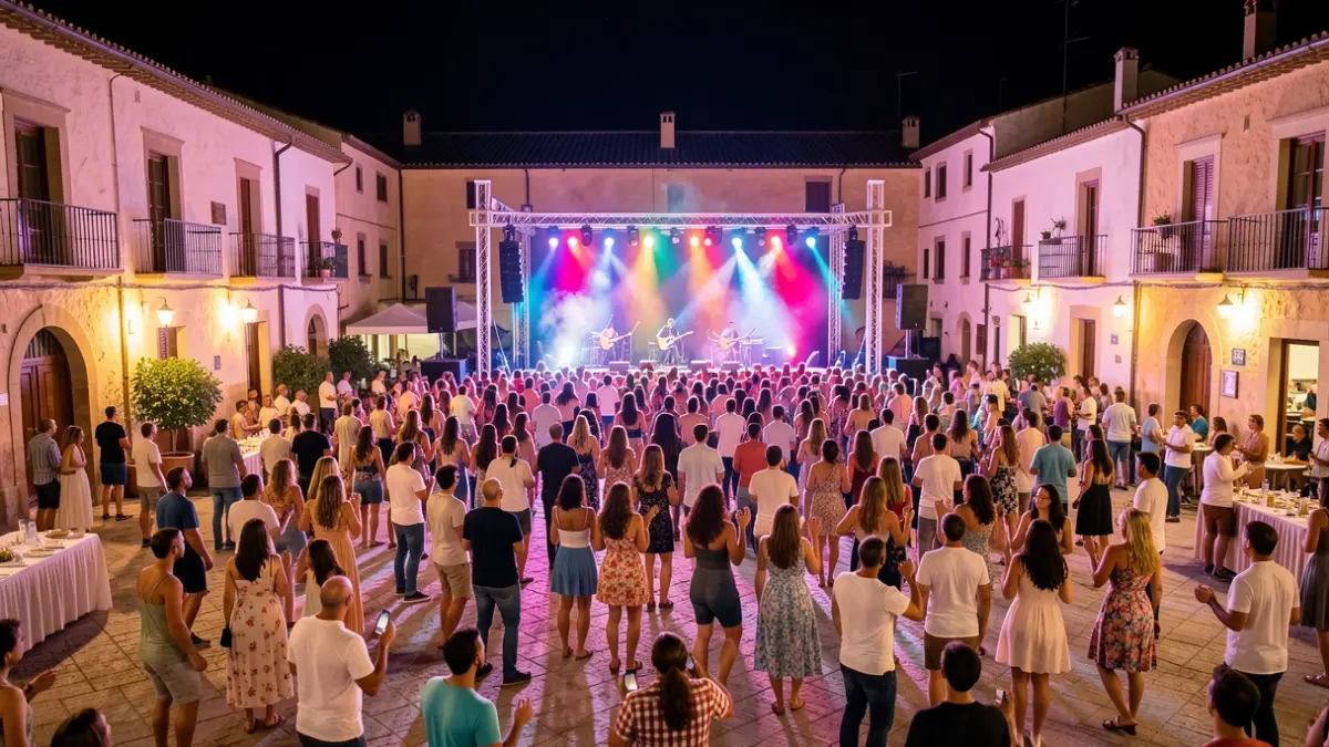 Multitud disfrutando de un festival de música al aire libre por la noche en una plaza española.