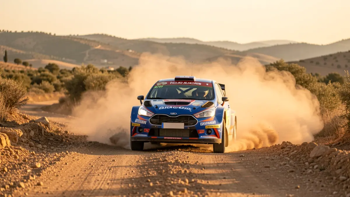 A rally car competing on a dirt track in Andalusia at sunset.