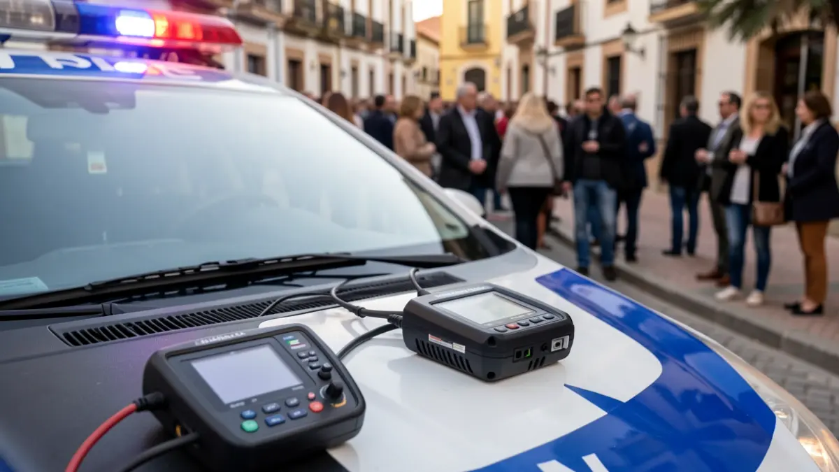 Close-up of a police patrol car's dashboard with a mobile defibrillator visible.