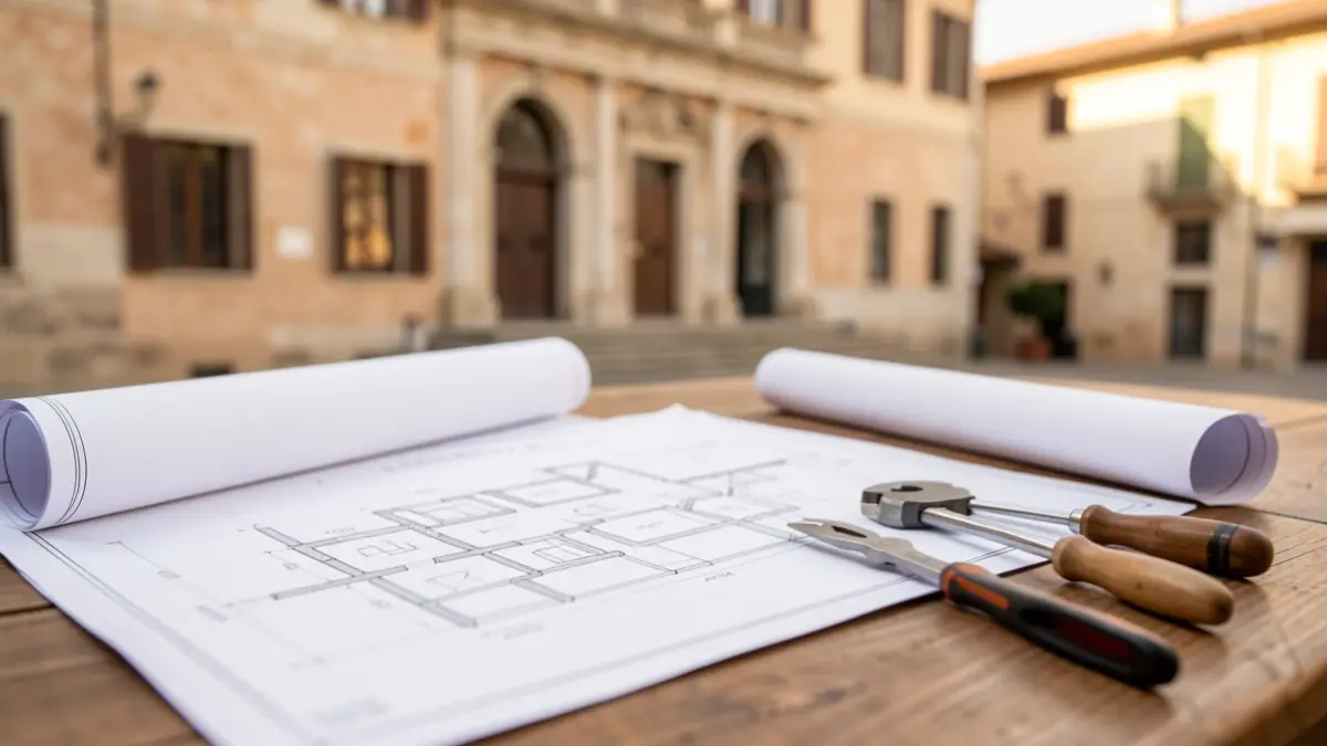 Primer plano de planos de arquitectura y herramientas sobre una mesa de madera, con el fondo desenfocado de la fachada de un ayuntamiento andaluz.
