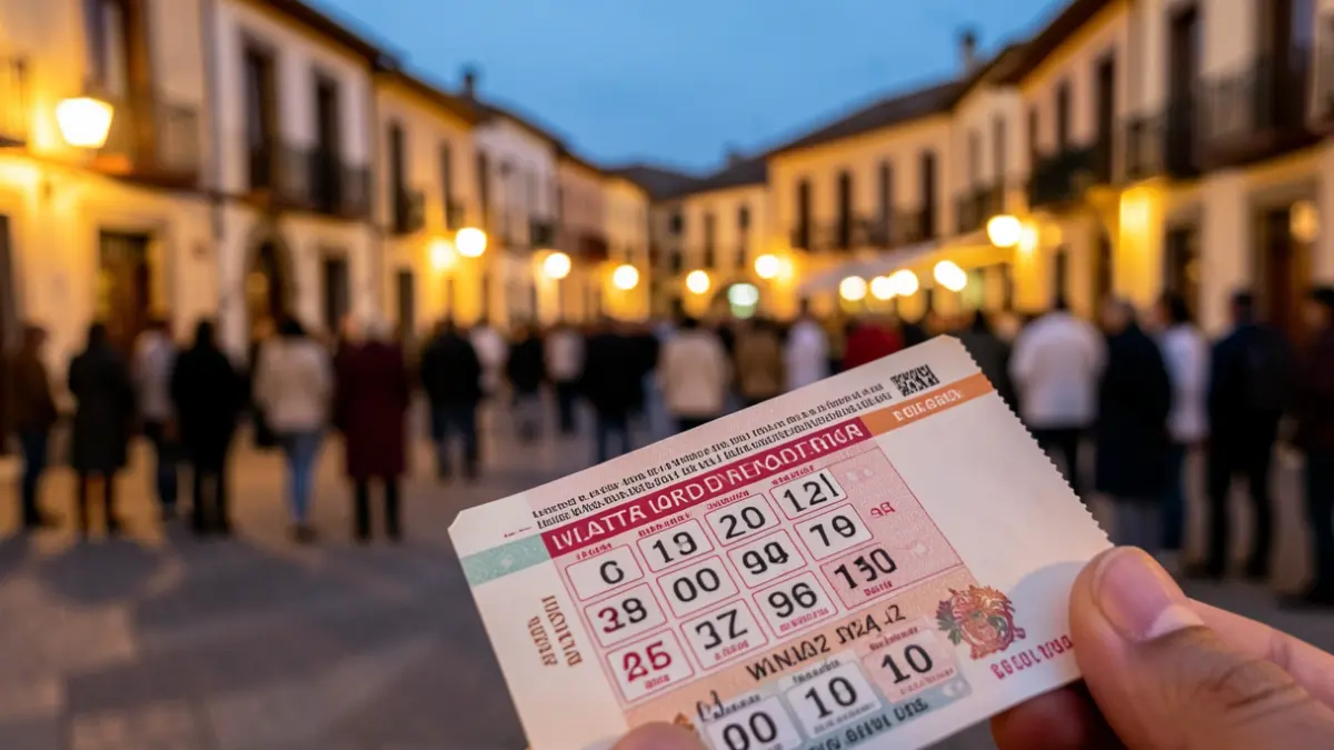 Generic image of a winning lottery ticket in a Spanish town square at dusk.