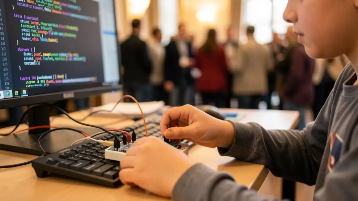 Primer plano de manos jóvenes utilizando una placa Makey Makey y una Micro:bit conectadas a un ordenador, con código de programación desenfocado al fondo.