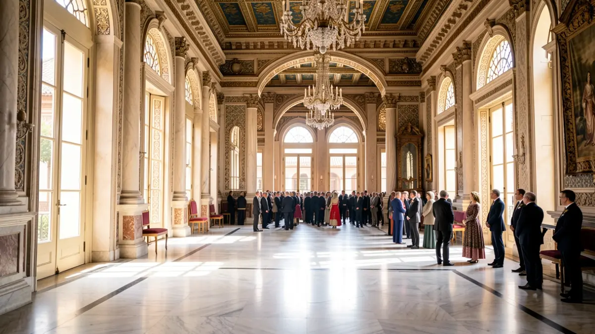 Gala hall of the Palacio de la Merced in Cordoba, featuring classical architecture and sunlight.