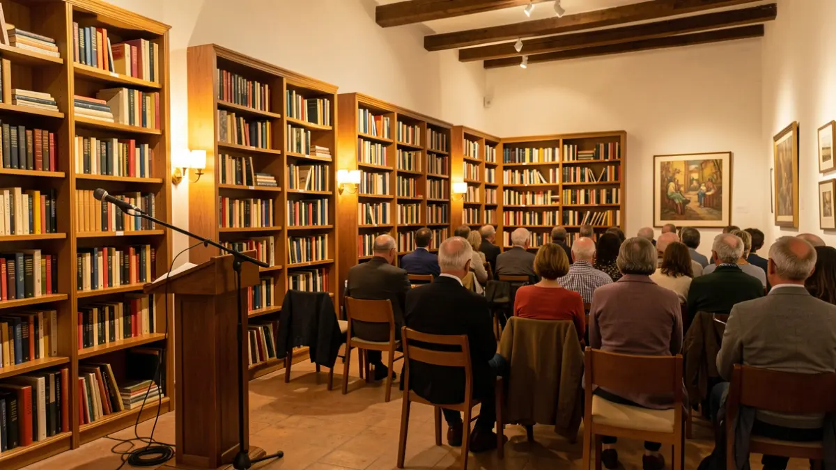 Interior of an Andalusian art center with books and a podium.