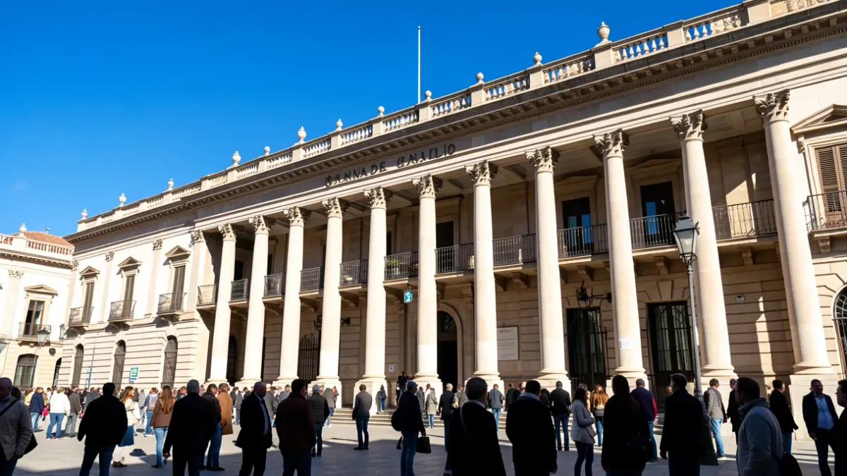 Facade of the Junta de Andalucía building in intense sunlight.