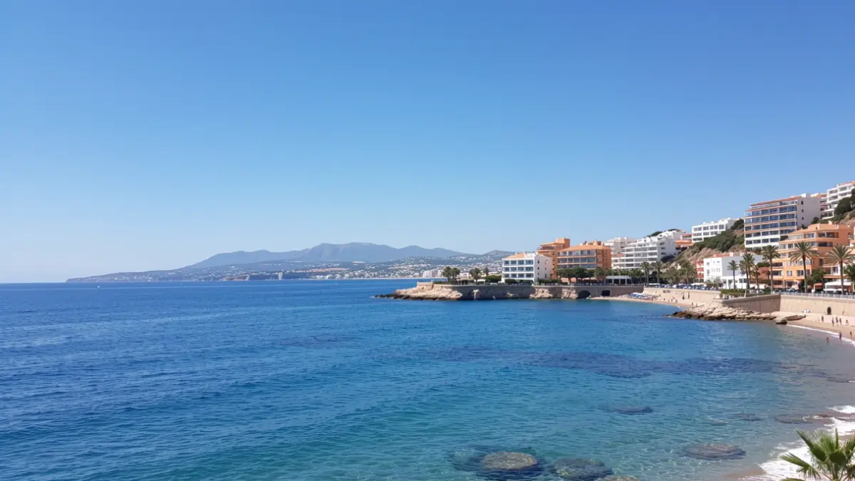 Sunny sky over the coast of Benalmádena with calm sea.