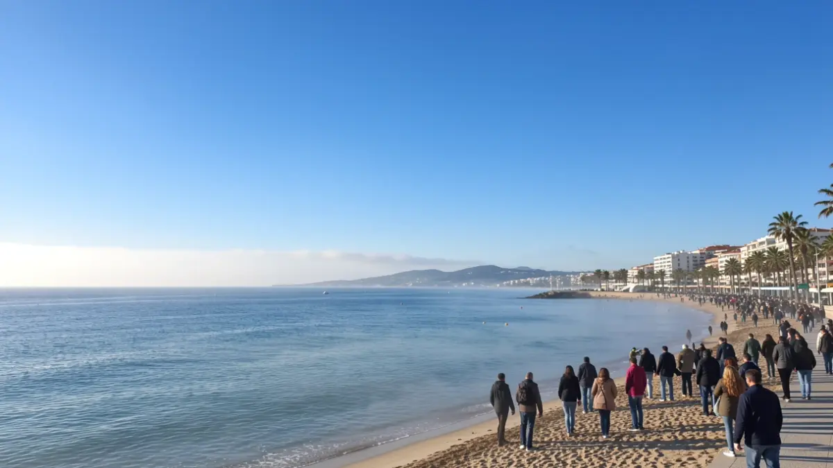 Cielo despejado sobre la costa de Fuengirola con bruma matutina.