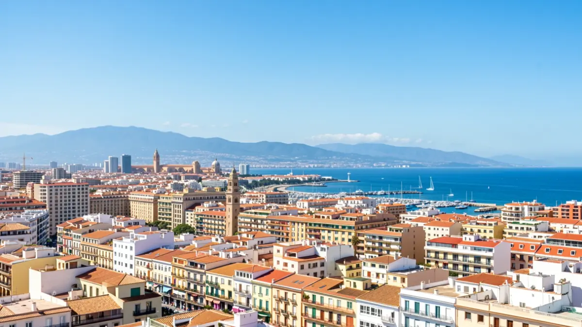 Clear sky over the city of Malaga with the Mediterranean Sea in the background.