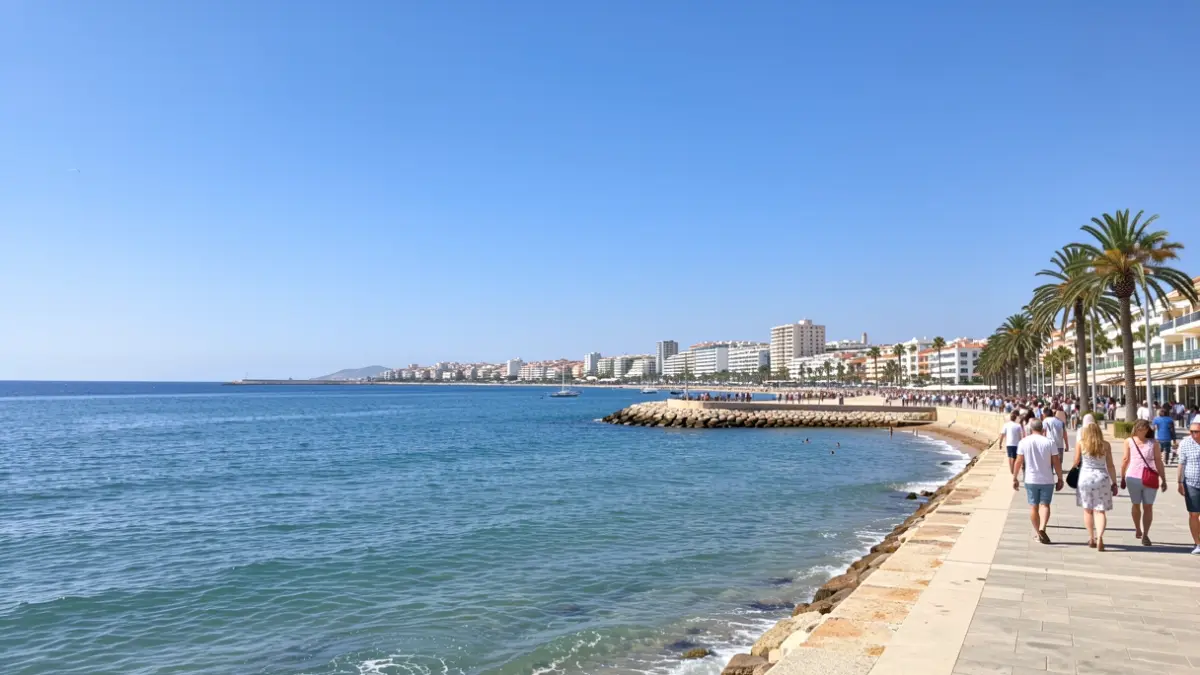 Cielo soleado sobre la costa de Torremolinos con mar en calma.