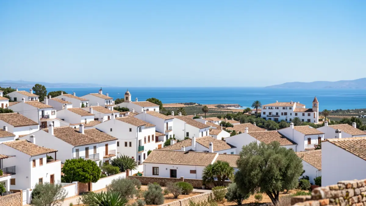 Sunny sky over the white village of Torrox, Andalusia, with views of the Mediterranean Sea.