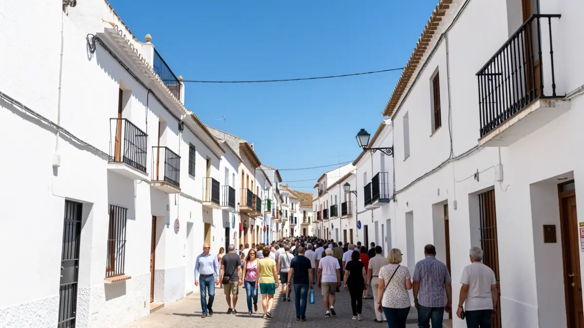 Cielo azul despejado sobre las casas blancas de Ubrique con sol intenso.