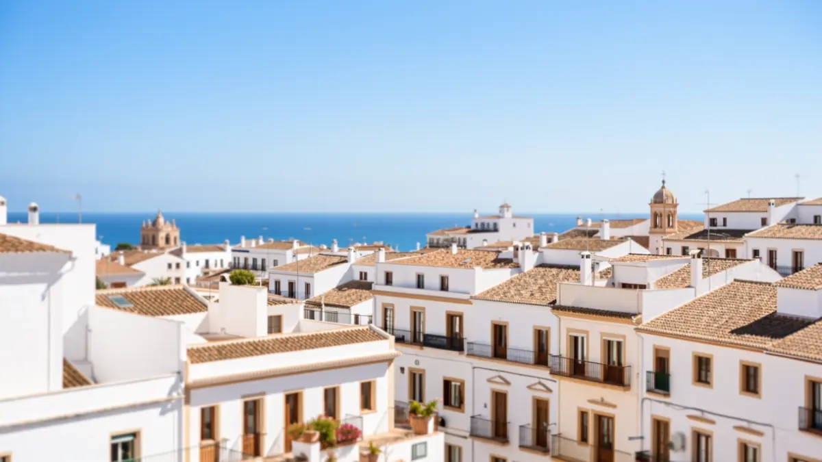 Sunny sky over Velez-Málaga with white buildings and the Mediterranean Sea in the background.