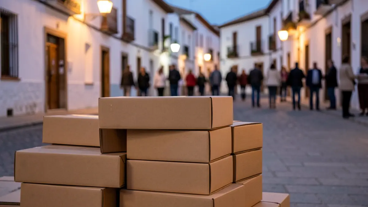 Generic image of stacked cardboard boxes on a street in Andalusia at dusk.