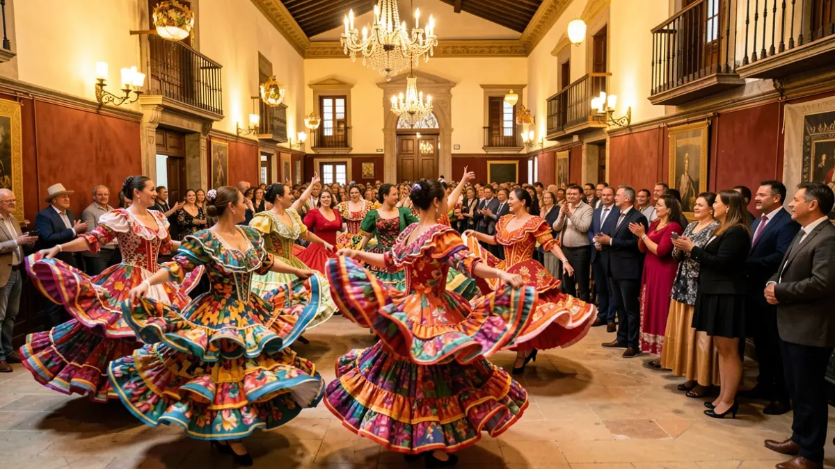 Generic image of a flamenco event in Andalusia with colorful costumes and a festive atmosphere.