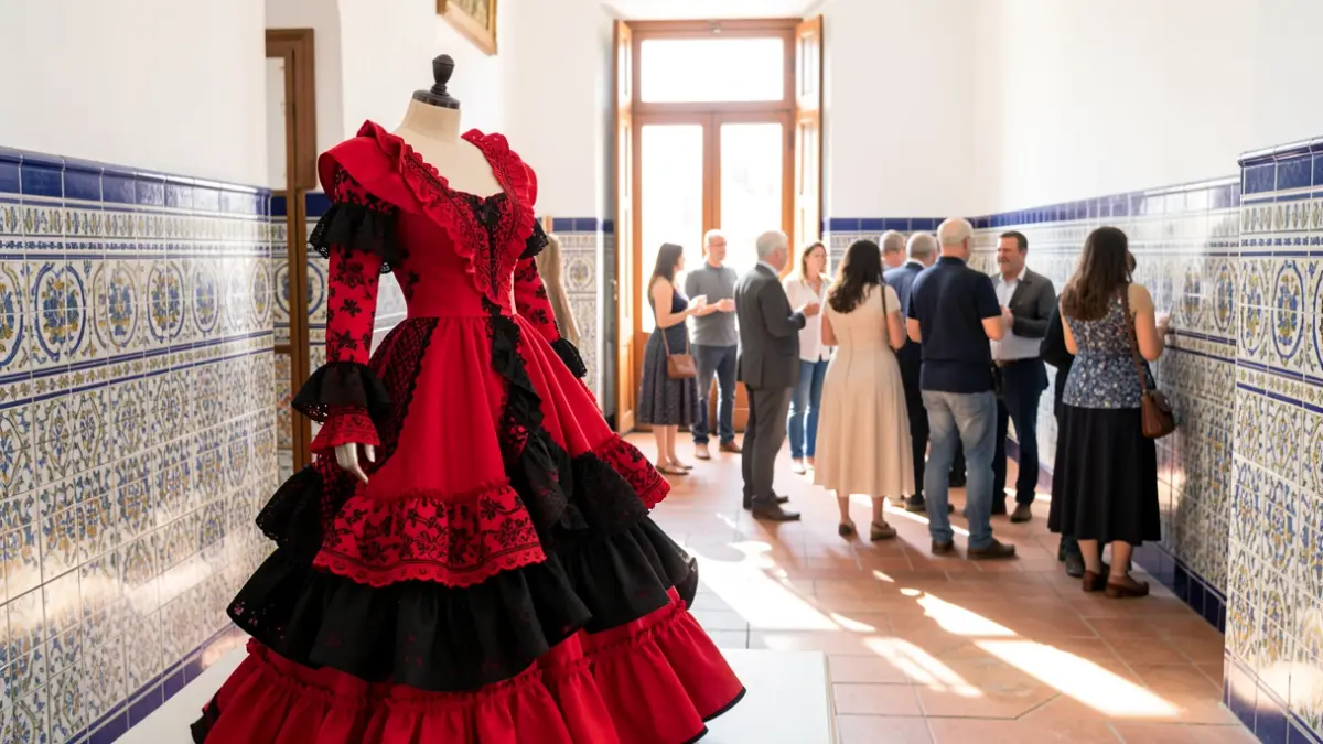 Un traje de flamenca rojo y negro expuesto en una sala con azulejos.
