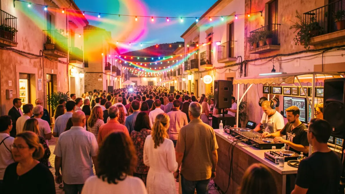 Generic image of a 1990s music festival with colorful lights and blurred crowd.