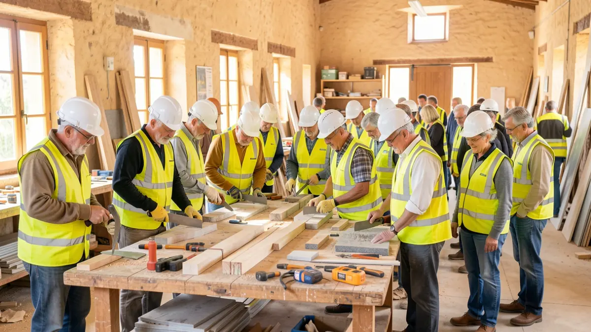 Imagen de personas mayores de 45 años formándose en construcción y albañilería.