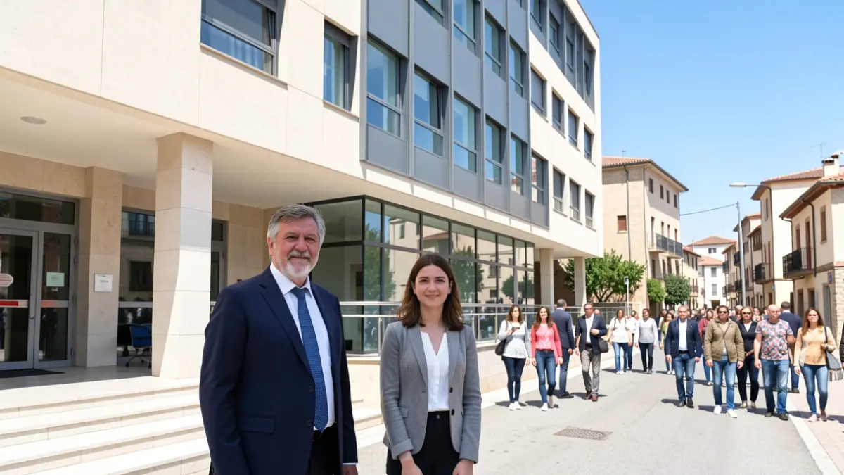 Fachada de un hospital con un político y una estudiante.
