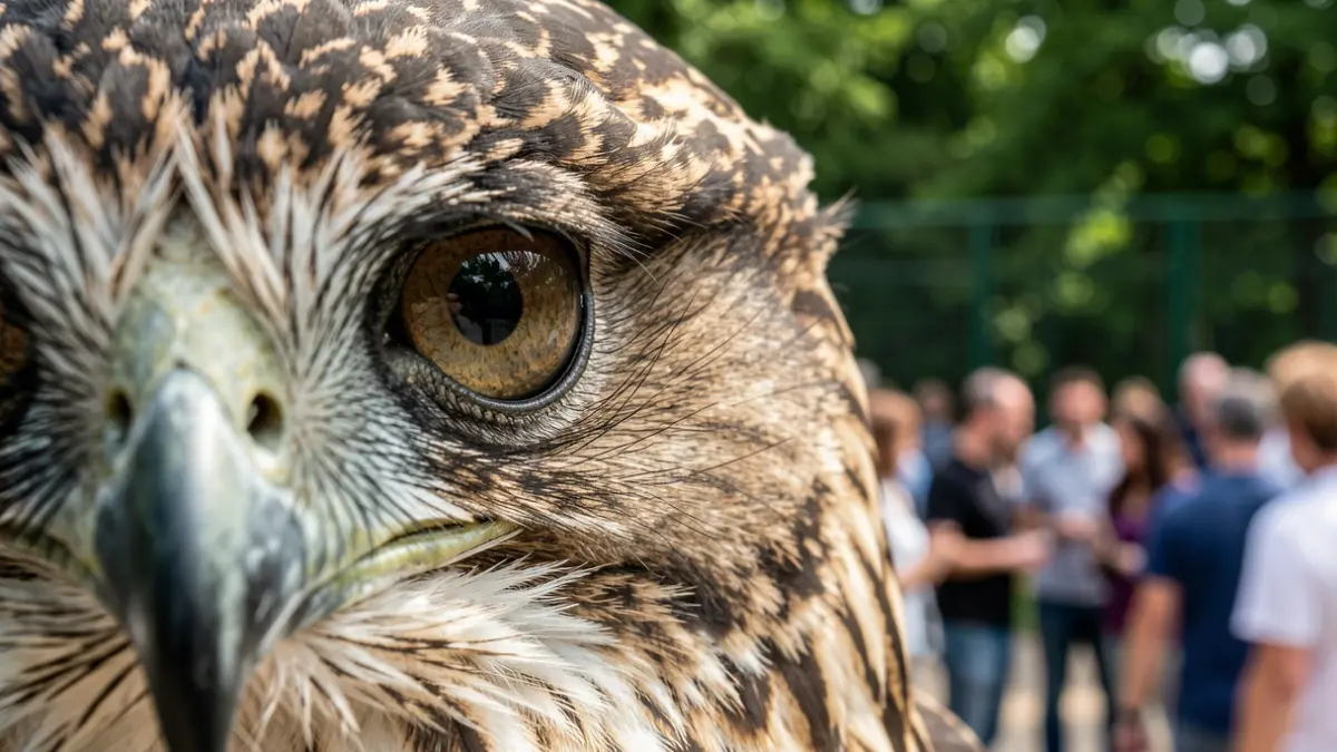 Primer plano del ojo de un águila real, con el fondo desenfocado de un entorno de zoo.