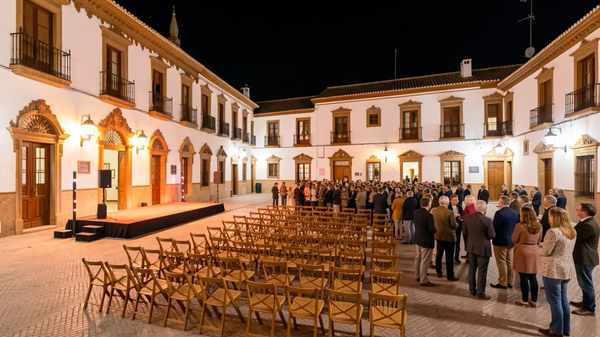 Generic image of an Andalusian square at night, with an empty stage and chairs.