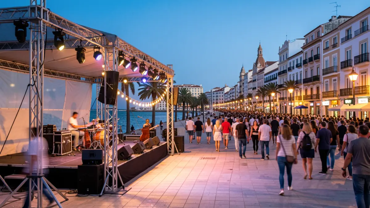 Imagen genérica de una celebración en el Paseo Marítimo de Cádiz con escenario y público.