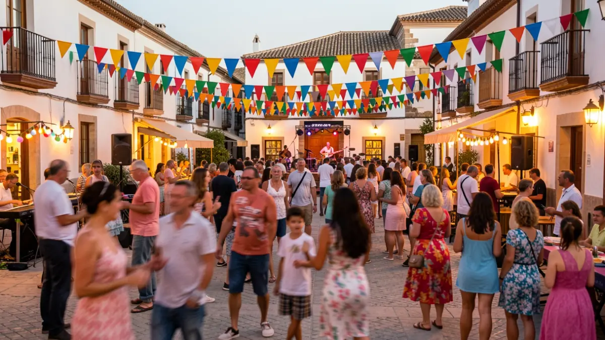 Imagen genérica de una plaza de pueblo andaluz durante una feria de verano con gente disfrutando de la música y la fiesta.
