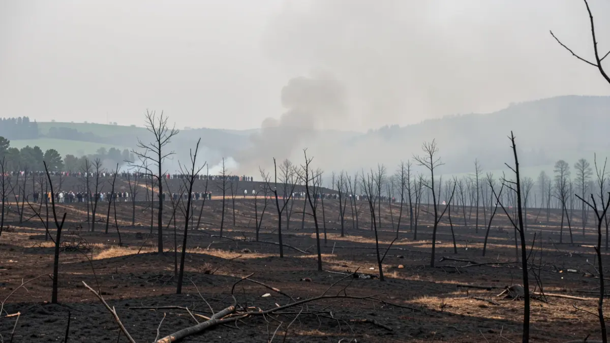 Landscape devastated by a forest fire with burnt earth and charred trees under a smoke-filled sky.
