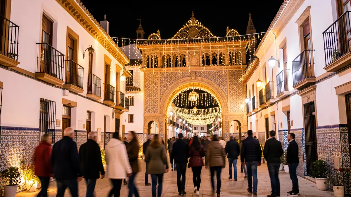Imagen genérica de una feria andaluza con portada iluminada y gente en el recinto.