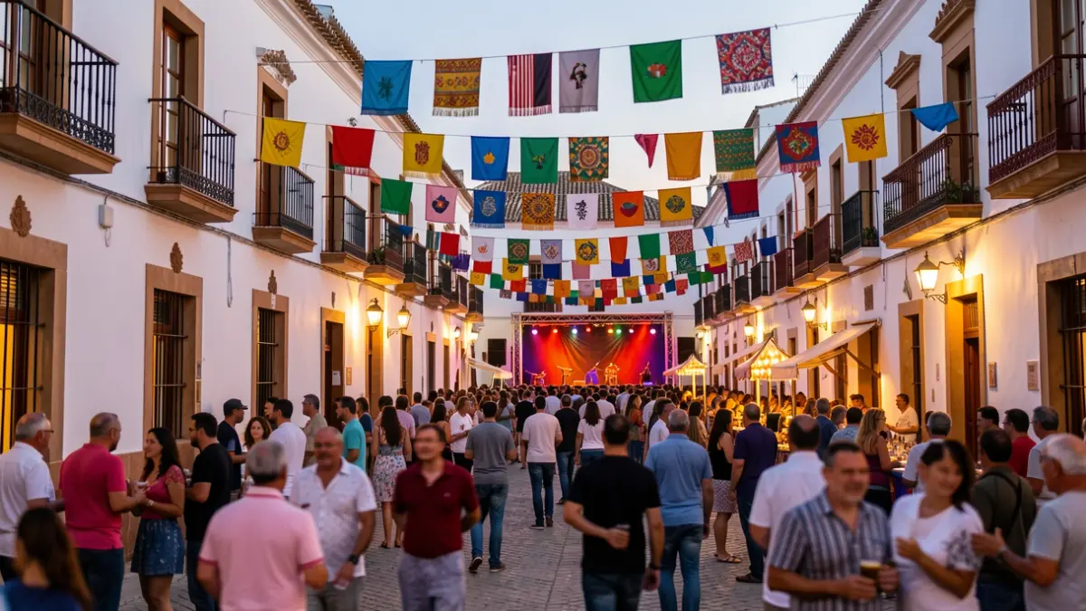 Imagen genérica de una fiesta popular en una plaza andaluza al atardecer.