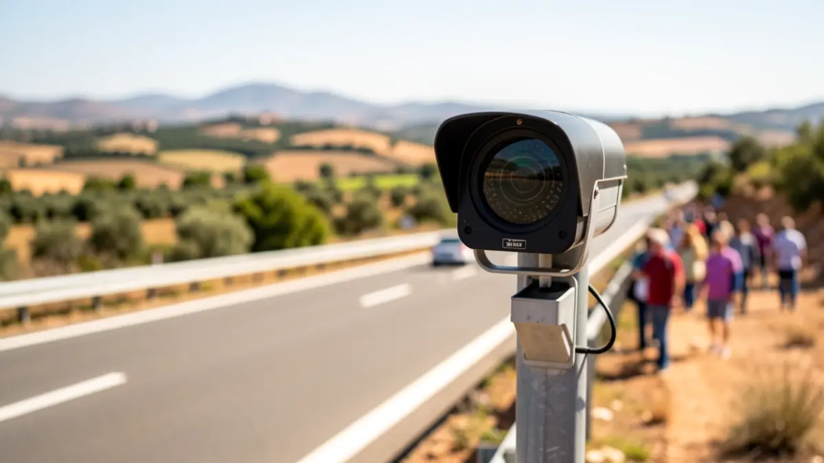 Image of a speed camera on an Andalusian highway with intense sunlight.