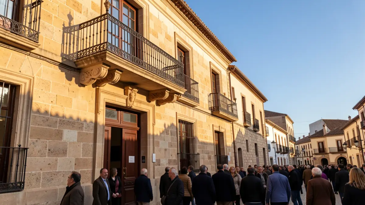 Fachada de un ayuntamiento andaluz con balcón y barandillas de hierro, luz de sol de la tarde.